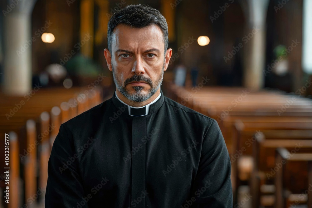 A Priest Standing in a Church with a Serious Expression A Priest Standing in a Church with a Serious Expression