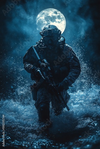 A Soldier Wades Through Water Under a Full Moon at Night While Holding a Rifle Ready for Action