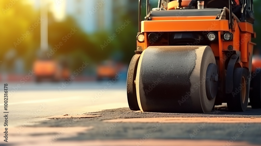 Construction crew operates heavy machinery during roadwork at sunset in an urban area