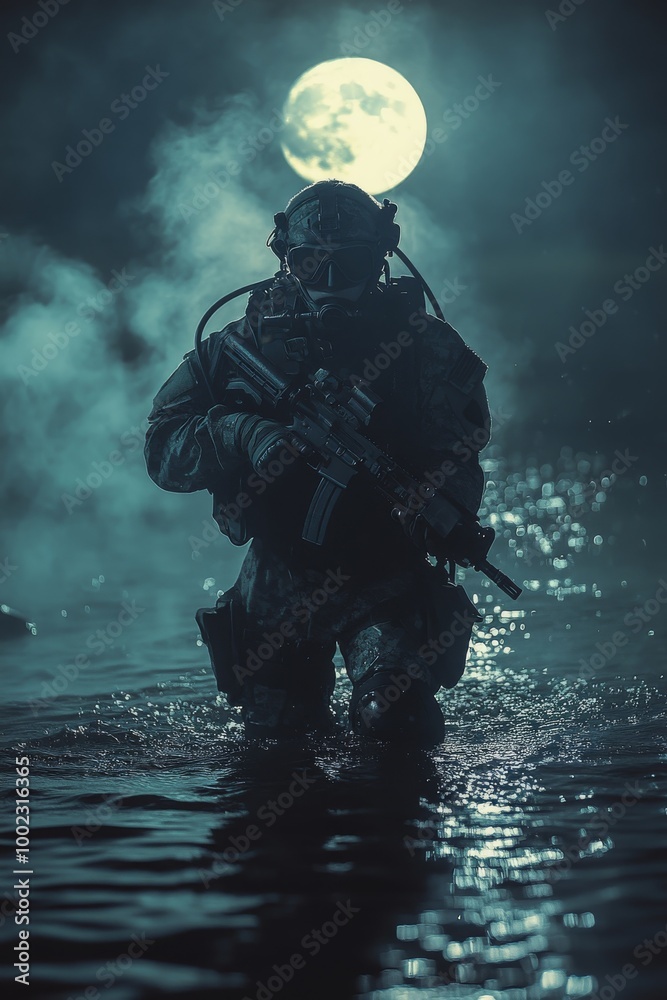 Silent Water Patrol Under the Full Moon at Night by a Soldier in Tactical Gear Silent Water Patrol Under the Full Moon at Night by a Soldier in Tactical Gear