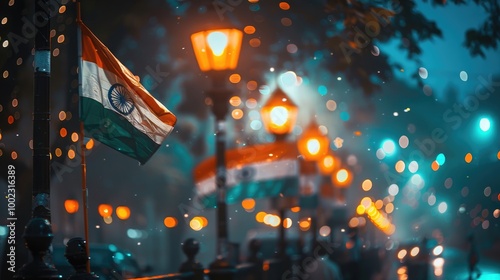 Indian flags flying on street lamps, city lights in the background, cyberpunk style, bokeh effect.