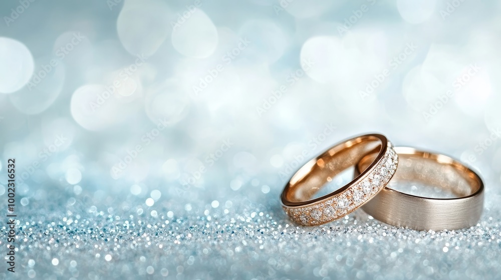 Two Gold Wedding Rings With Diamonds On Sparkling Background, Marriage And Love Concept. Two Gold Wedding Rings With Diamonds On Sparkling Background, Marriage And Love Concept.