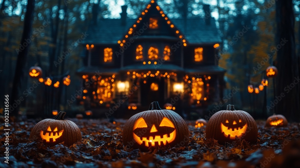 A spooky Halloween-themed house decorated with several glowing jack-o'-lanterns, creating an eerie atmosphere perfect for the Halloween season at night. A spooky Halloween-themed house decorated with several glowing jack-o'-lanterns, creating an eerie atmosphere perfect for the Halloween season at night.