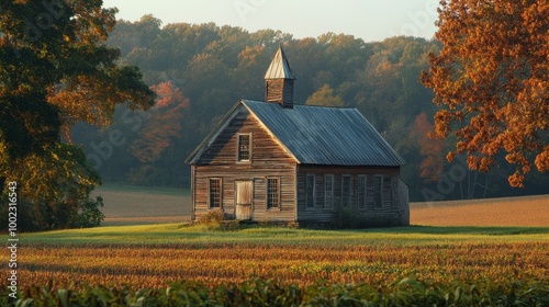 An old wooden house stands solitary in a field, surrounded by autumnal trees with vibrant orange and red leaves, evoking a sense of nostalgic tranquility.