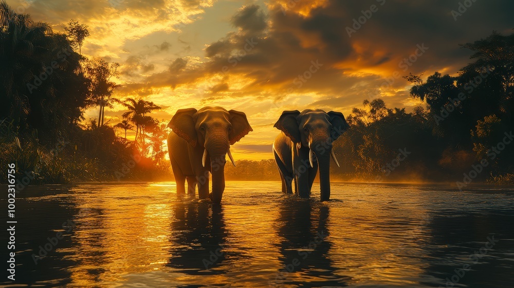 Two elephants walking through a river with a stunning sunset backdrop ...
