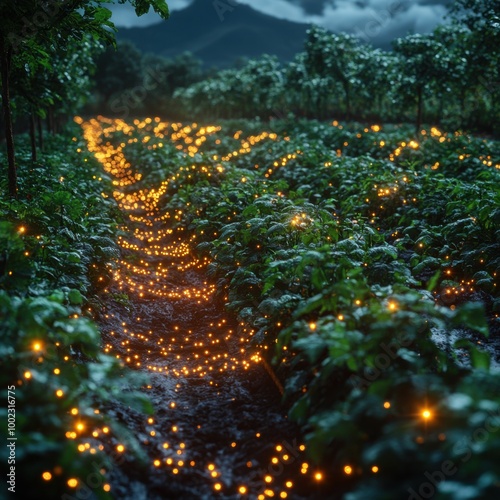 Enchanting Farm with Fireflies Lighting Up the Night amidst Lush Greenery photo