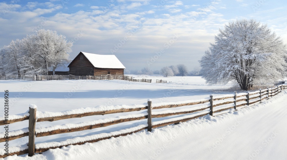 Naklejka premium Snow-Covered Log Cabin with a Wooden Fence in a Winter Landscape