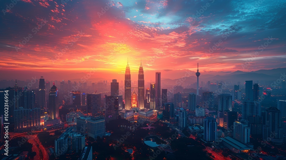 Fototapeta premium Serene view of a Kuala Lumpur city skyline bathed in the warm glow of sunset