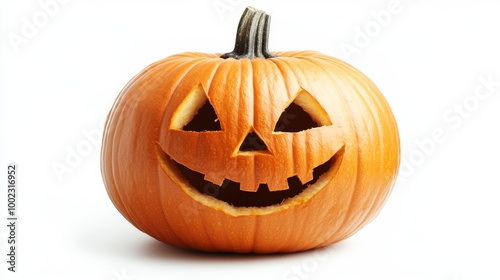 A cheerful jack-o'-lantern with classic triangle eyes and wide smile, radiating warmth and joy. This carved pumpkin is perfect for a welcoming Halloween decoration.