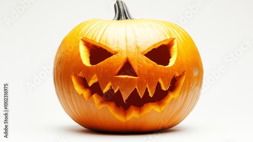 A menacing jack-o'-lantern with exaggerated sharp features and glowing eyes. Its sinister expression sets a perfect tone for a frightening Halloween night.