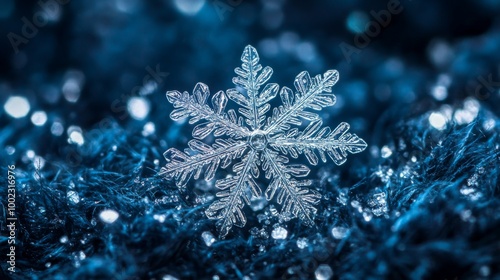 Macro View of a Detailed Snowflake on a Blue Background photo