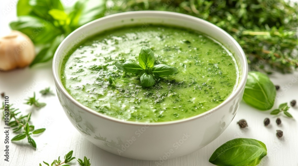 A refreshing green herb soup served in a bowl, garnished with a sprig of fresh basil and surrounded by an assortment of fresh herbs and peppercorns on a white background. A refreshing green herb soup served in a bowl, garnished with a sprig of fresh basil and surrounded by an assortment of fresh herbs and peppercorns on a white background.