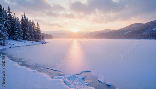 Serene winter sunrise over frozen lake with snow-covered shore and trees