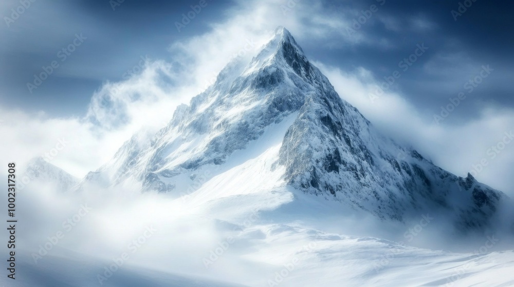 A Majestic Snow-Covered Mountain Peak Emerging from Clouds A Majestic Snow-Covered Mountain Peak Emerging from Clouds