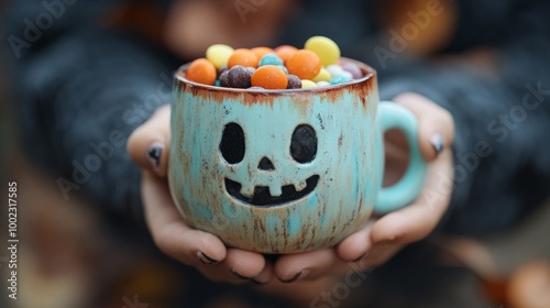 A pair of hands hold a teal-colored Halloween-themed mug filled to the brim with a variety of colorful candies, combining elements of festive joy and spooky charm. photo