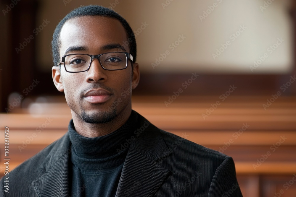 Portrait of a young man in a black turtleneck sweater and jacket, wearing glasses and looking directly at the camera. Portrait of a young man in a black turtleneck sweater and jacket, wearing glasses and looking directly at the camera.