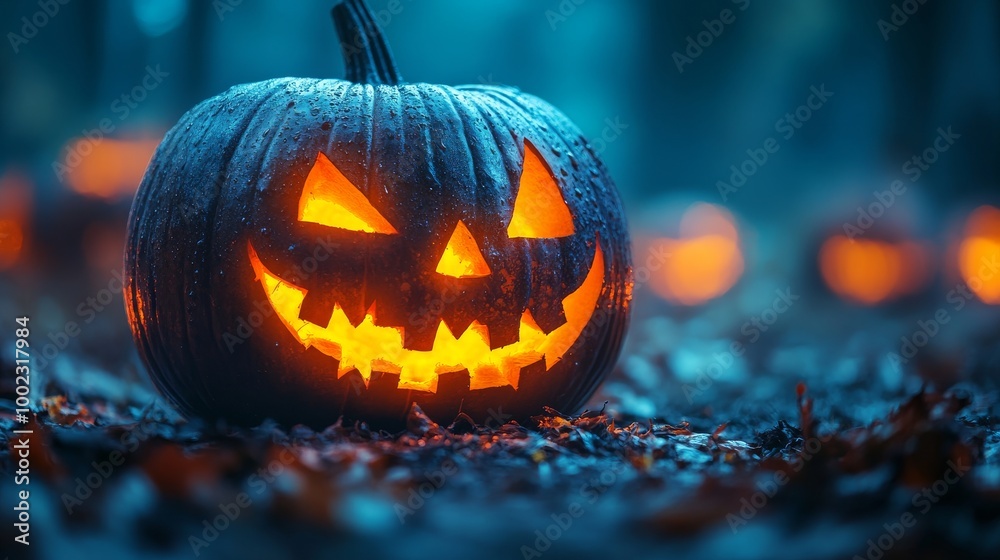 A glowing jack-o'-lantern with an eerie expression set in a dark forest, capturing the essence of Halloween and the spooky atmosphere associated with this festive occasion. A glowing jack-o'-lantern with an eerie expression set in a dark forest, capturing the essence of Halloween and the spooky atmosphere associated with this festive occasion.