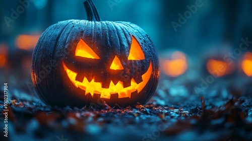 A glowing jack-o'-lantern with an eerie expression set in a dark forest, capturing the essence of Halloween and the spooky atmosphere associated with this festive occasion.