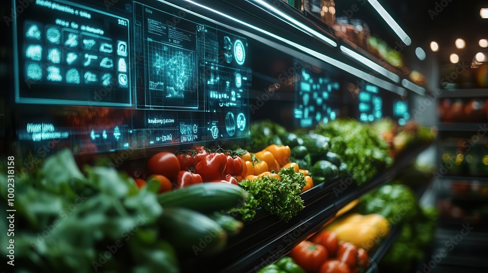 Fresh vegetables displayed in a futuristic grocery store, with glowing holographic nutritional information Futuristic Hologram Eco-Friendly Fresh vegetables displayed in a futuristic grocery store, with glowing holographic nutritional information Futuristic Hologram Eco-Friendly