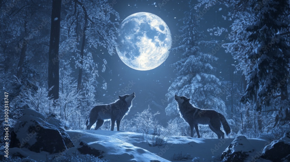 Two Wolves Howling at the Full Moon in a Snowy Forest Two Wolves Howling at the Full Moon in a Snowy Forest