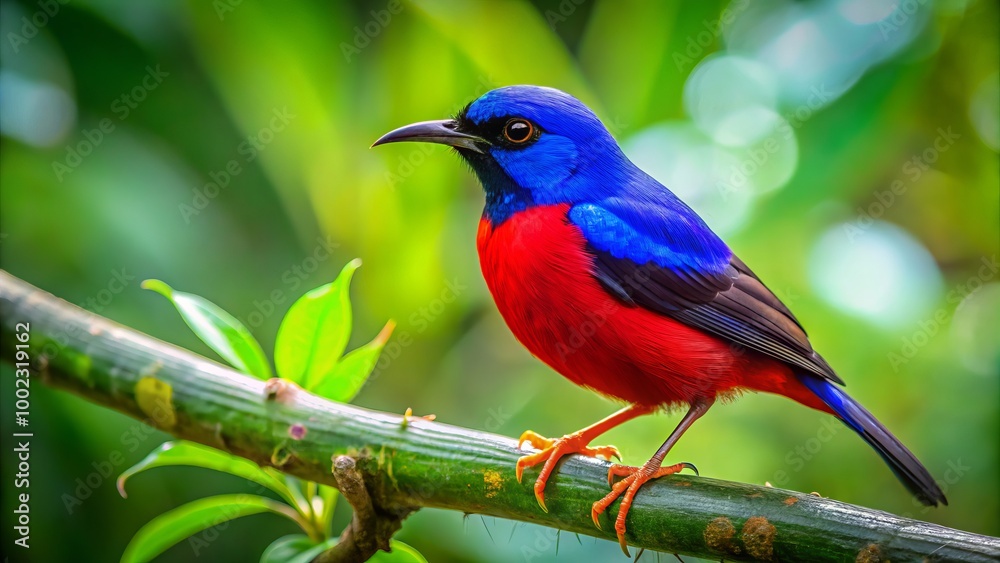 A vivid honeycreeper sits atop a branch, embraced by rich green foliage in a tropical landscape, displaying the A vivid honeycreeper sits atop a branch, embraced by rich green foliage in a tropical landscape, displaying the