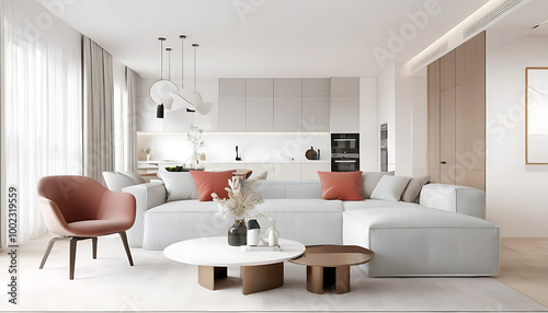 Simple and bright modern interior design with white as the main color and natural elements as decoration