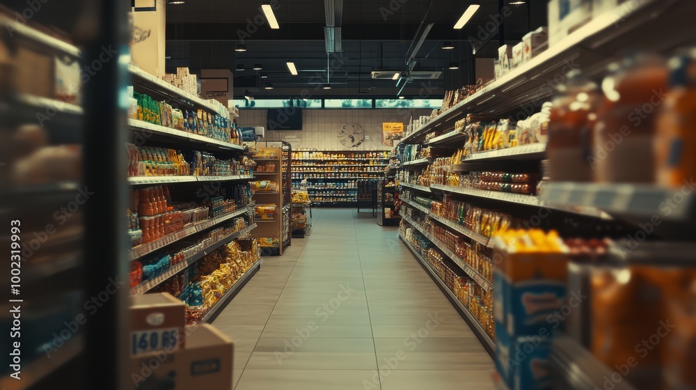 Wide-angle view of grocery store aisle, stocked with various products and items. Bright lighting and well-organized shelves. Wide-angle view of grocery store aisle, stocked with various products and items. Bright lighting and well-organized shelves.