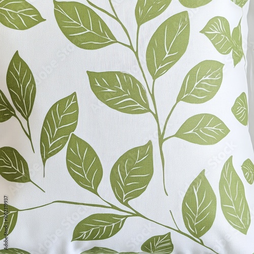 Wallpaper Mural White pillow with green leaf pattern, offering a fresh and natural look, perfect for home decor or outdoor settings. Torontodigital.ca