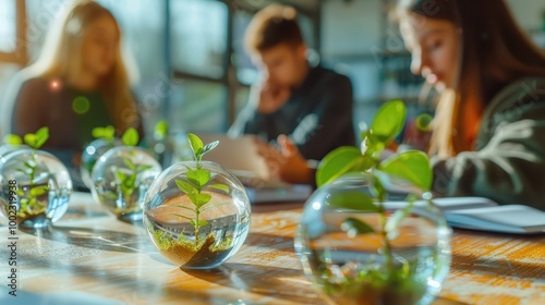 Several glass globes with small plants inside on the table, a group of people studying and writing. photo