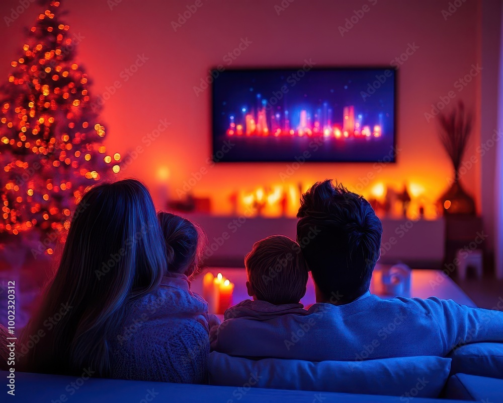 Holiday family gathering with smart home technology and glowing digital fireplace displays Futuristic Minimalist Soft Lighting Holiday family gathering with smart home technology and glowing digital fireplace displays Futuristic Minimalist Soft Lighting