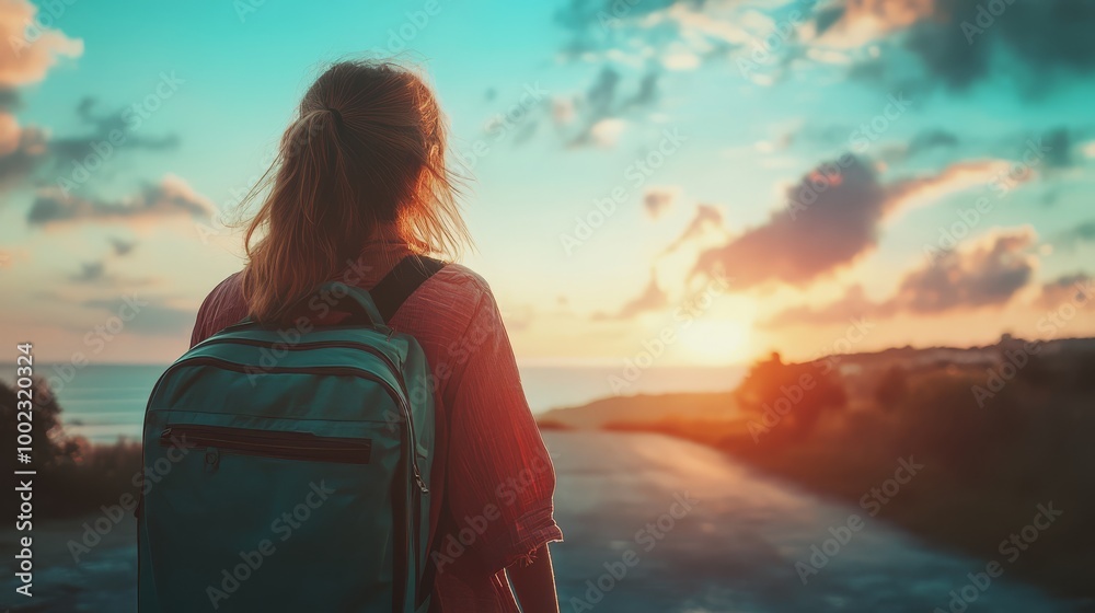 Fototapeta premium Woman with a backpack watching a beautiful sunset by the sea, symbolizing travel, adventure, and the beauty of nature.