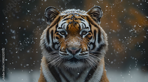 A Majestic White Tiger Stands Proudly in the Snow, Facing Forward with Intense Gaze, Showcasing Its Striking Stripes and Beautiful Fur in a Close-Up Shot, Capturing the Essence of Nature’s Beauty and 