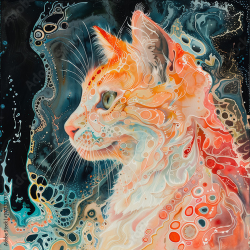 Colorful abstract painting of a cat with bright swirls and patterns