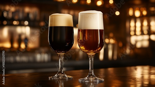 Two glasses of beer on a bar counter.