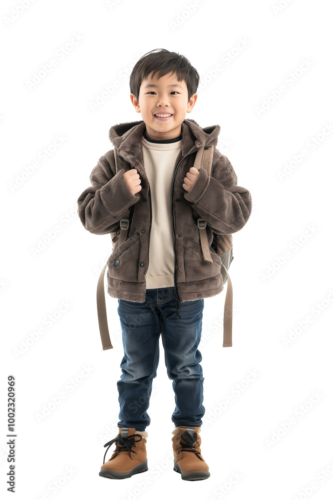 Smiling boy in brown jacket with backpack isolated Smiling boy in brown jacket with backpack isolated