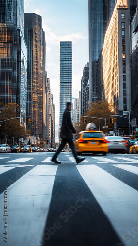 Urban Morning Commute: Businessman Crossing Busy NYC Street with Skyscrapers in Background