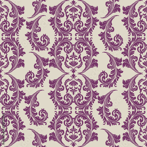 Elegant purple damask pattern on a cream background with intricate floral and ornamental details. This seamless design is perfect for fabric prints, wallpaper, home décor, and interior design projects