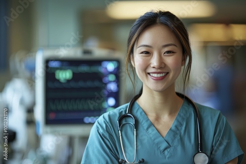 Portrait of a smiling female doctor wearing a stethoscope in a hospital setting photo