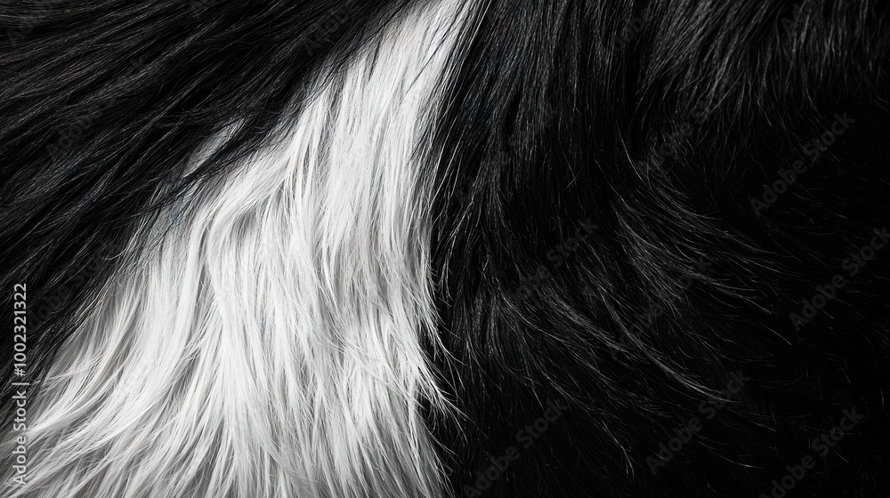 A photo zooms in on the black-and-white fur of an animal with a black stripe on its back A photo zooms in on the black-and-white fur of an animal with a black stripe on its back