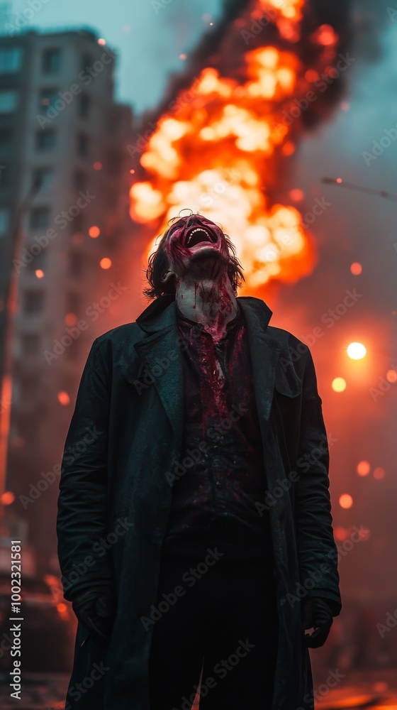 Chaotic Scene of an Intense Moment Amid Flames in a City at Dusk With a Distressed Figure Chaotic Scene of an Intense Moment Amid Flames in a City at Dusk With a Distressed Figure