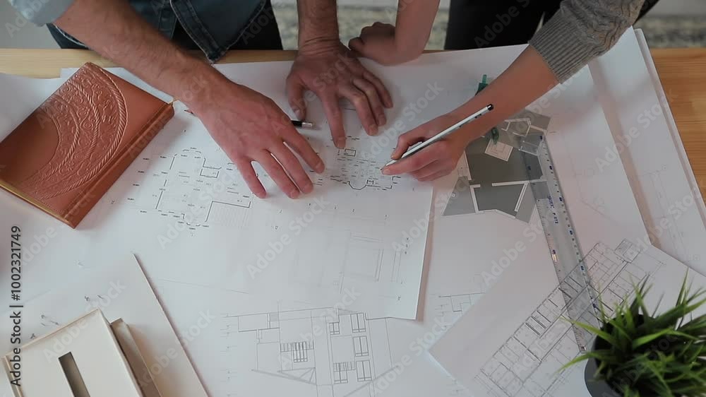 Close up hands of two workers discussing building drawings in office. Closeup shooting of arms moving pictures, watching attentively on images.