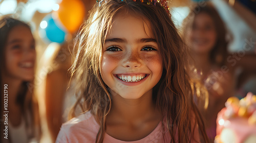 A Cinematic Wide-Angle Photograph Capturing the Joyful Celebration of a Young Girl’s Birthday Surrounded by Friends and Colorful Balloons, Emphasizing the Laughter and Happiness of Childhood in a Fest