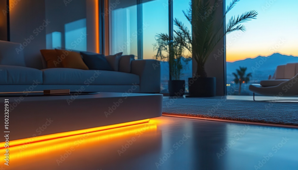 Fototapeta premium Interior design with sleek, modern furniture and digital lighting controls in a smart home Futuristic Minimalist Soft Lighting
