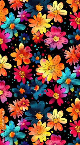 Seamless floral pattern with colorful spring flowers and leaves for wallpaper design