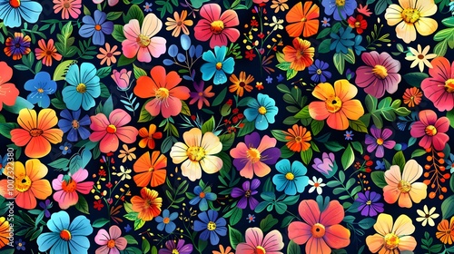A vibrant seamless floral pattern with colorful blooms