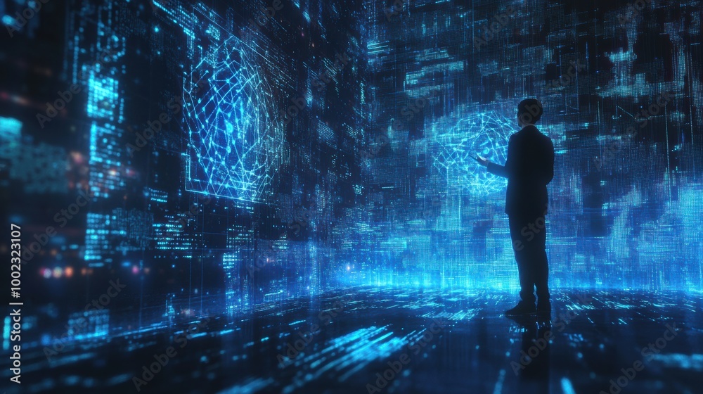 A professional engages with floating holographic data and neural network patterns in a futuristic workspace at night. Generative AI