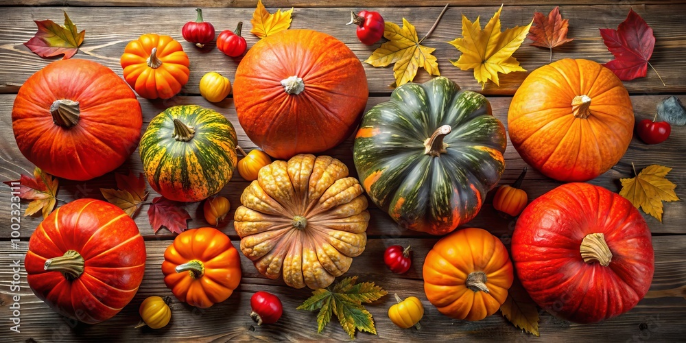 Brightly colored Hokkaido pumpkins and deep red kuri squash sit together atop a rustic wooden table, showcasing the Brightly colored Hokkaido pumpkins and deep red kuri squash sit together atop a rustic wooden table, showcasing the