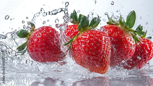   A cluster of strawberries plunges into a water body with a splash on top photo