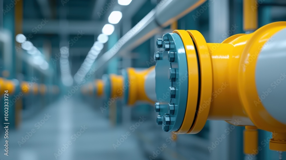 Industrial Pipe with Yellow Flange in Warehouse Setting Industrial Pipe with Yellow Flange in Warehouse Setting