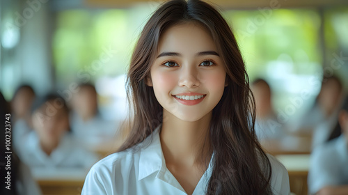 A Smiling Young Thai Woman in School Uniform Stands Proudly in a Lively Outdoor Setting, Embodying the Spirit of Youth and Education, with Her Bright Smile and Energetic Presence, Reflecting the Joy a